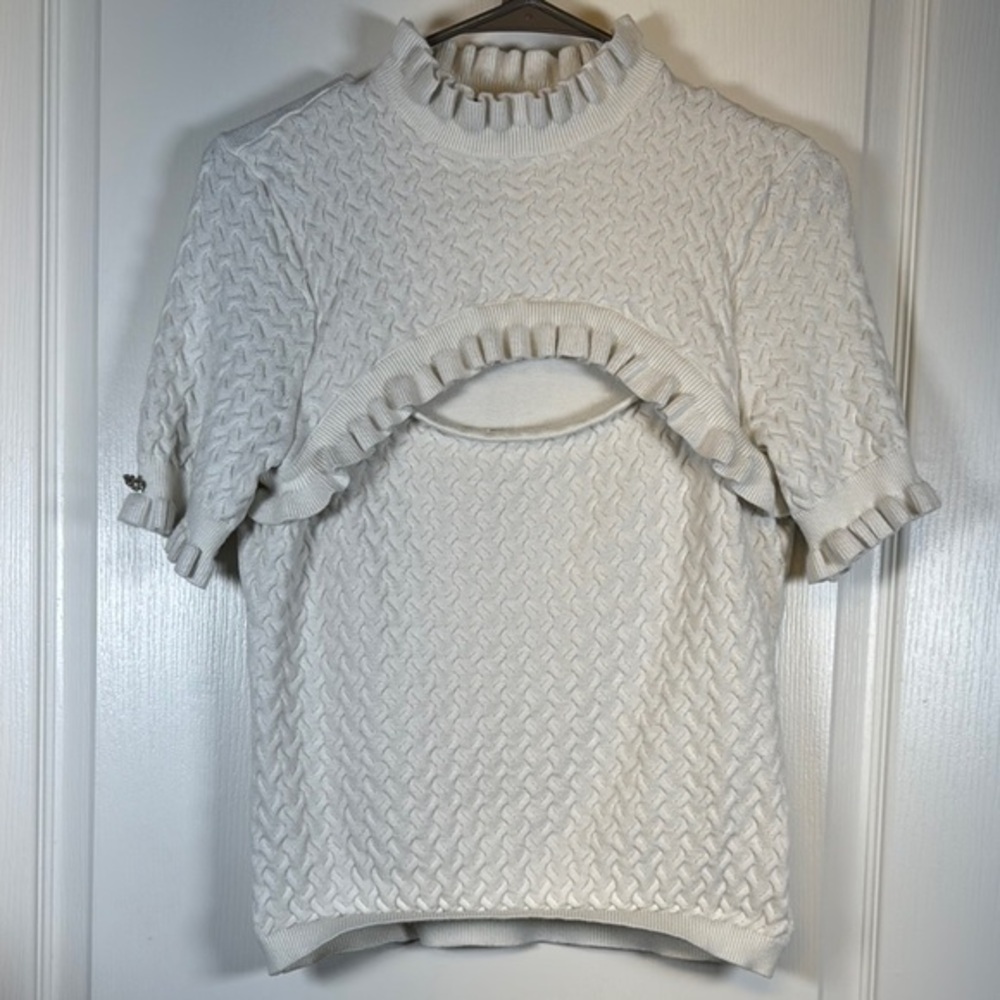 Ontwelfth White Mockneck Textured Blouse Chest Peephole Size Large EUC #2983